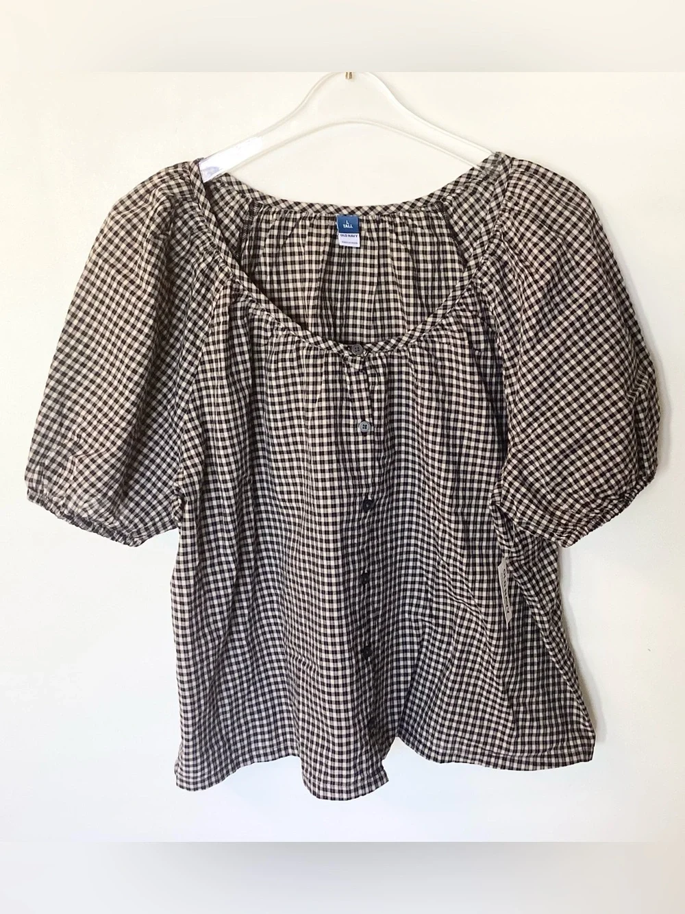 NWT Old Navy Short Sleeve 100% Cotton Airy Button Down Top - Black Check - LT - Picture 1 of 8